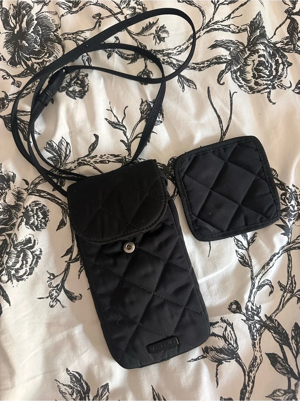 Vera Bradley, black Quilted Phone Crossbody Bag with Floral Lining and coaster